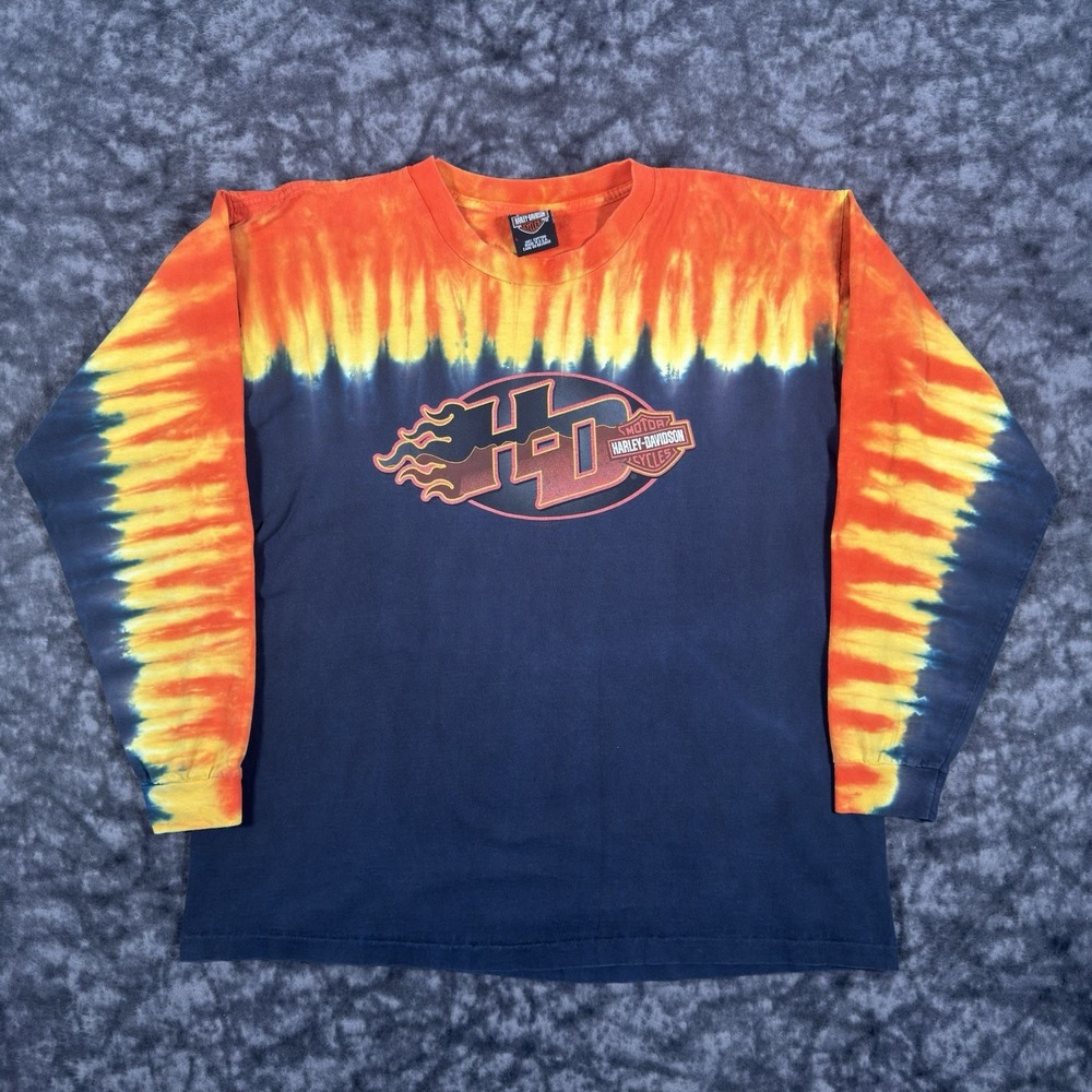 Vintage Harley Davidson Utica Tie Dye TShirt Mens L Flames Double Sided USA 90s